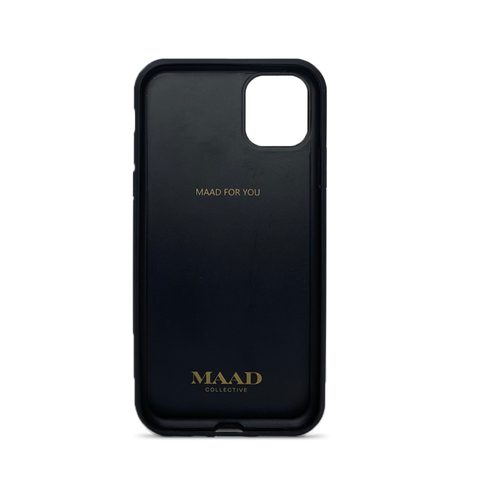 Moon River Black iPhone 11 Pro Max Leather Case with saffiano texture and rubber rim, showcasing personalization options.