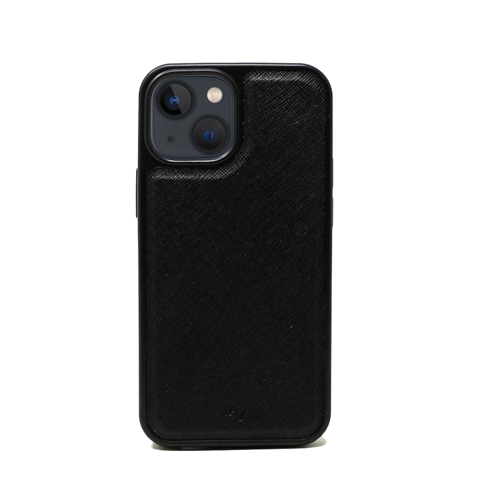 Moon River Black iPhone 13 Mini Leather Case made from vegan saffiano leather with a soft rubber rim, showcasing personalization options.