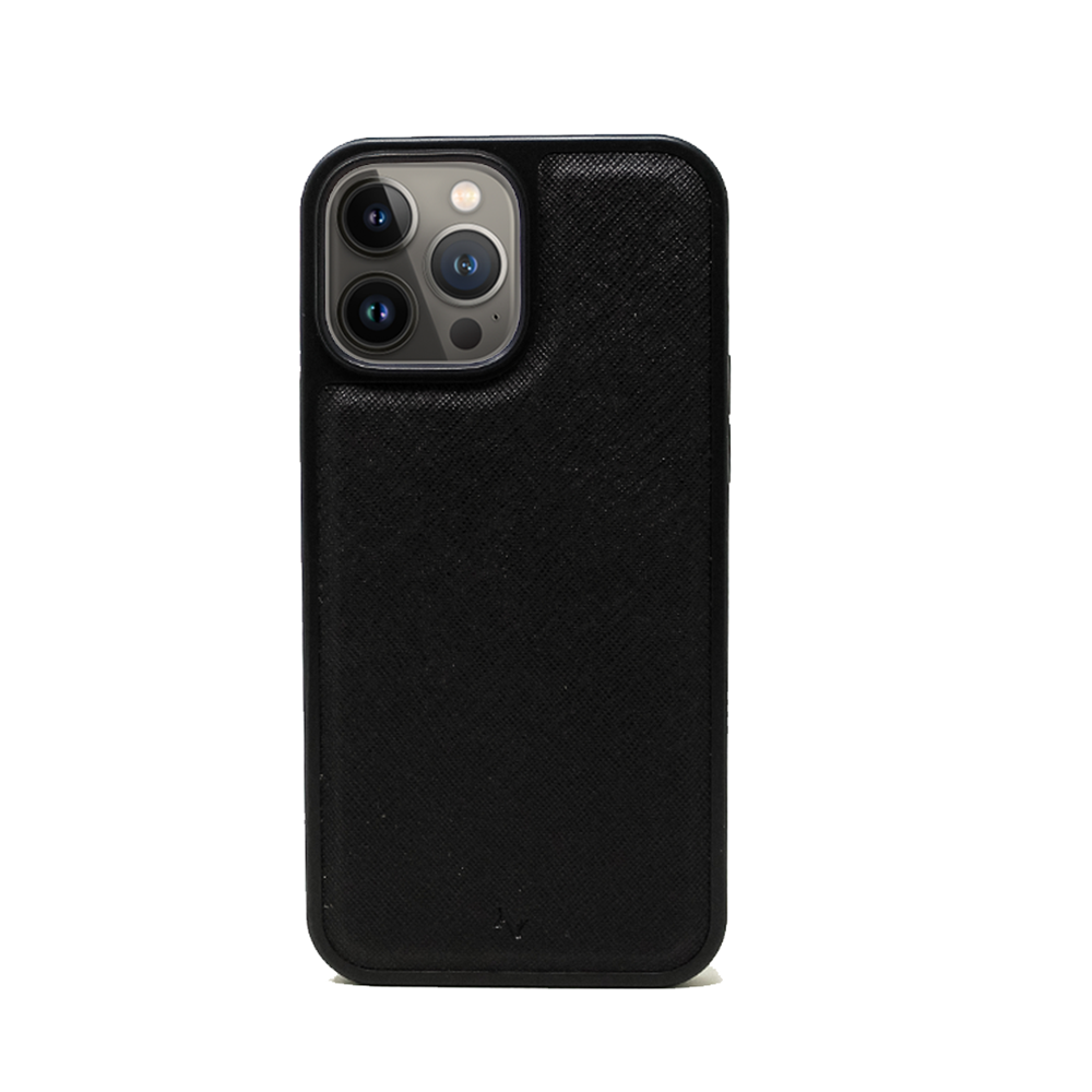 Moon River Black Leather Case for iPhone 14 Pro Max, featuring vegan saffiano leather and soft rubber edges for protection.