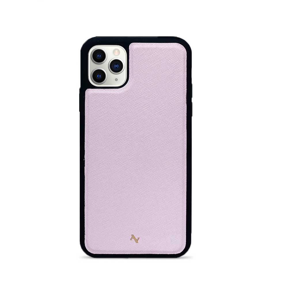 Moon River Blush iPhone 11 Pro Max Leather Case featuring genuine saffiano leather and soft rubber rim for protection.