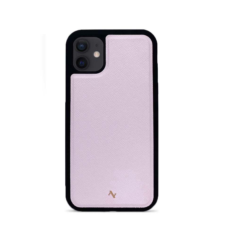 Moon River Blush iPhone 12 Leather Case made from genuine saffiano leather with a soft rubber rim, showcasing personalization options.