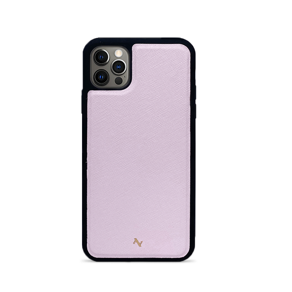 Blush leather case for iPhone 12 Pro Max with soft rubber rim and customizable monogram options.