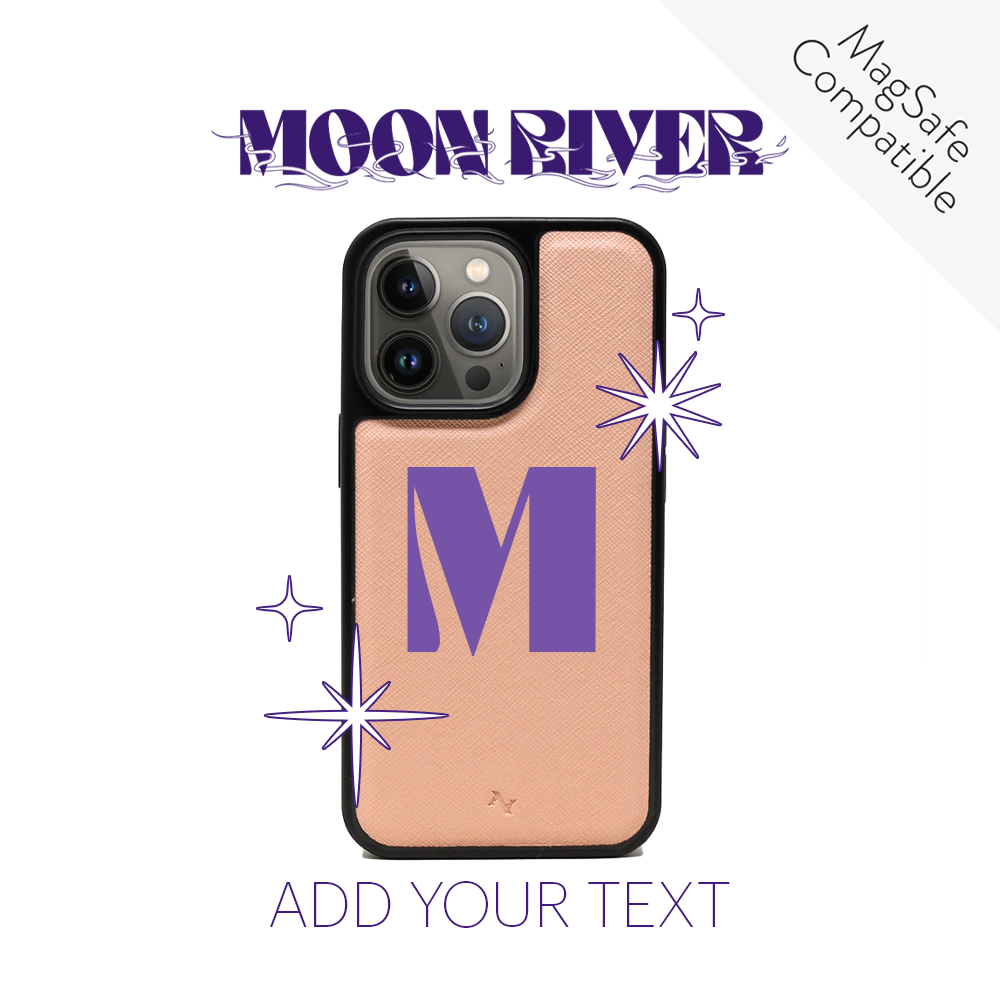 Moon River nude leather case for iPhone 13 Pro, featuring vegan saffiano leather and a soft rubber rim for protection.