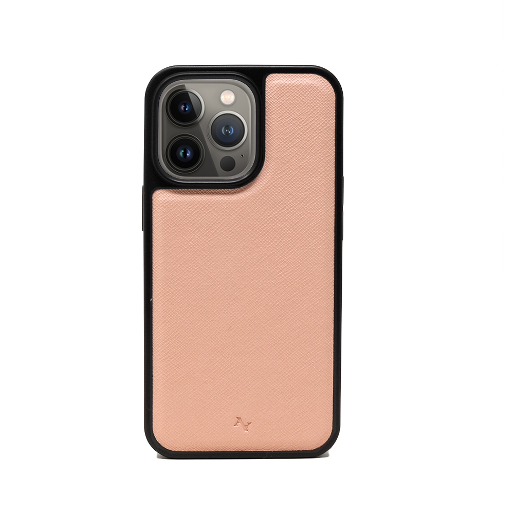 Moon River nude leather case for iPhone 13 Pro, featuring vegan saffiano leather and a soft rubber rim for protection.