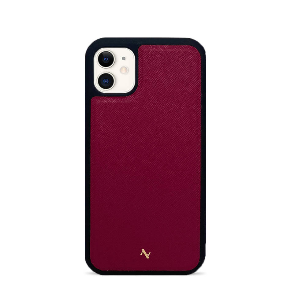 Moon River Red Leather Case for iPhone 11, featuring genuine saffiano leather and a soft rubber rim for protection.