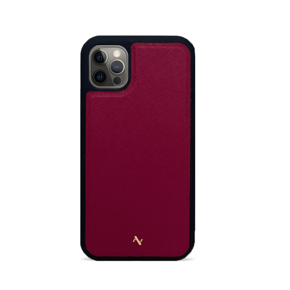 Moon River Red Leather Case for iPhone 12 Pro, featuring genuine saffiano leather and a soft rubber rim for protection.