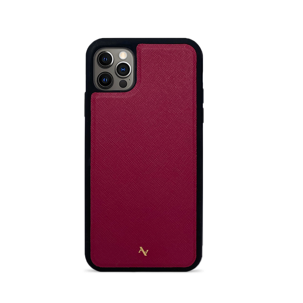 Moon River Red Leather Case for iPhone 12 Pro Max, featuring saffiano leather and soft rubber edges for protection.