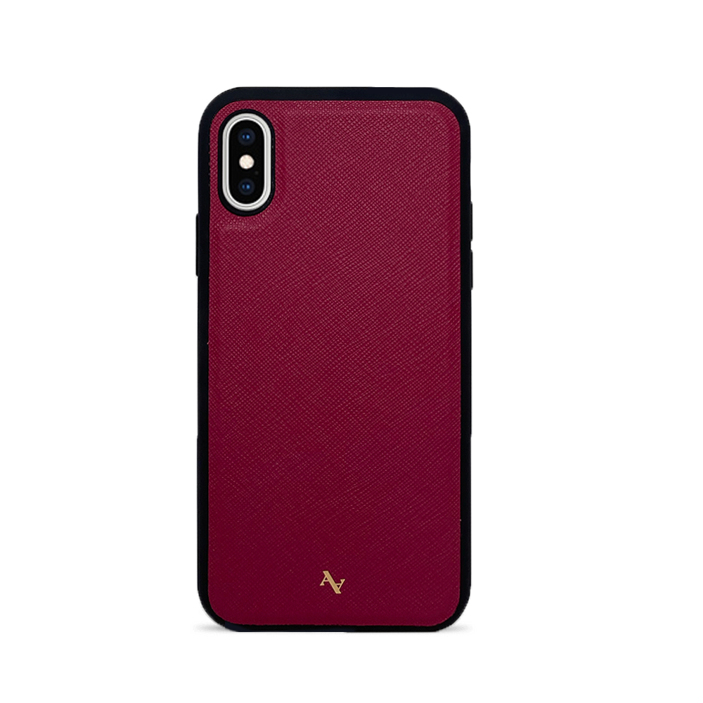 Red leather case for iPhone X/XS made from genuine saffiano leather with a soft rubber rim for protection.