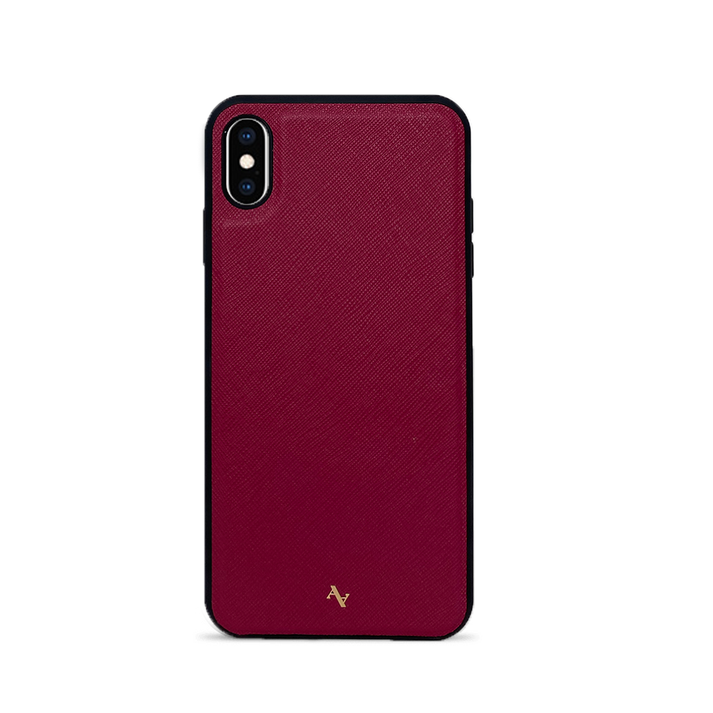 Moon River Red Leather Case for iPhone XS Max, featuring saffiano leather and soft rubber rim for protection.