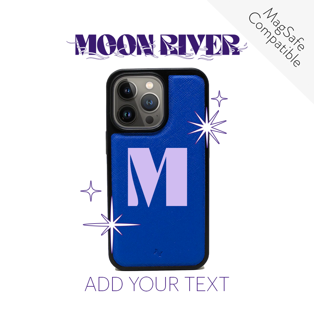 Moon River Royal Blue iPhone 13 Pro Leather Case with vegan saffiano leather and soft rubber rim, showcasing personalization options.