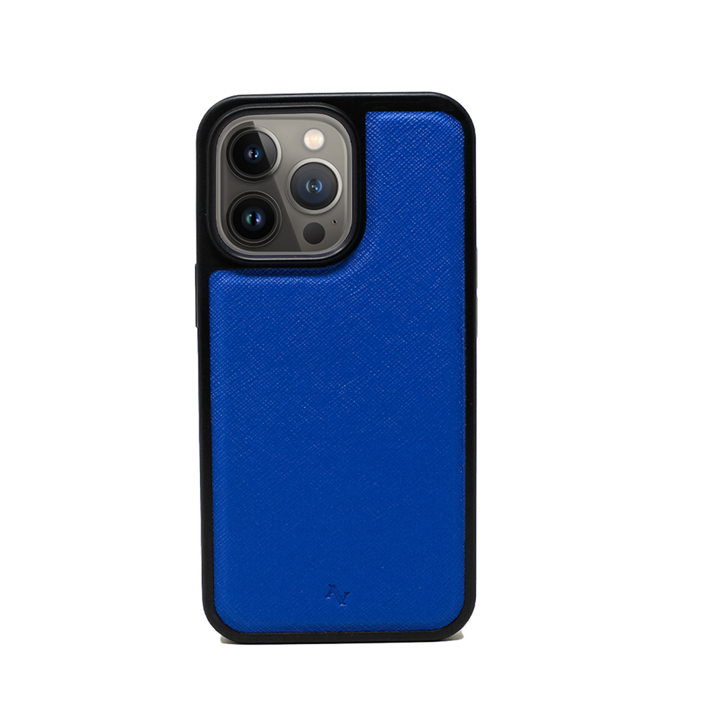 Moon River Royal Blue iPhone 13 Pro Leather Case with vegan saffiano leather and soft rubber rim, showcasing personalization options.