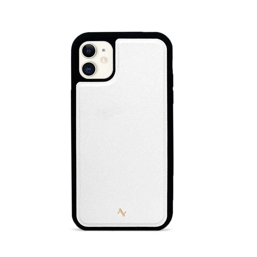 Moon River White iPhone 11 Leather Case made from genuine saffiano leather with a soft rubber rim for protection.