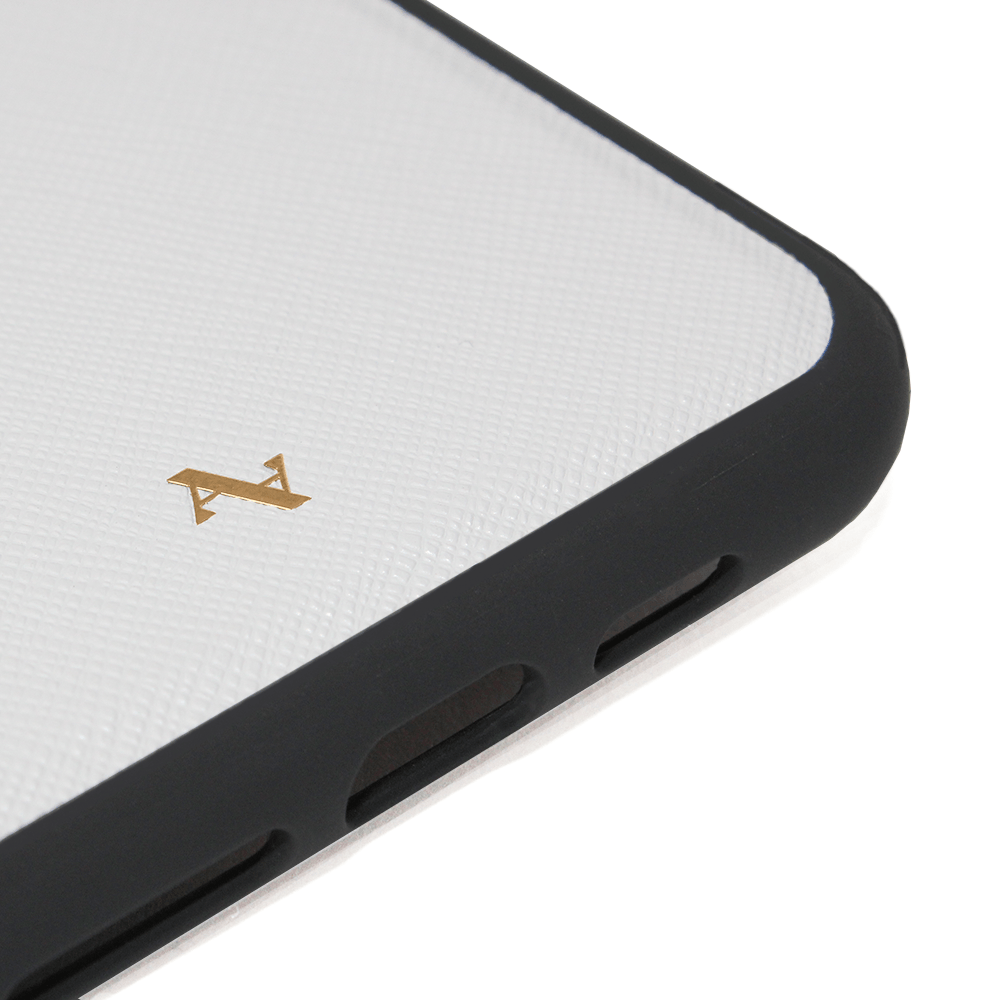 Moon River White iPhone 11 Leather Case made from genuine saffiano leather with a soft rubber rim for protection.