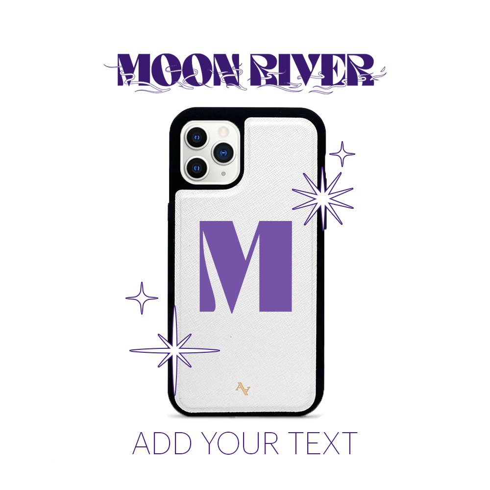 Moon River White iPhone 11 Pro Leather Case made from genuine saffiano leather with a soft rubber rim, showcasing personalization options.