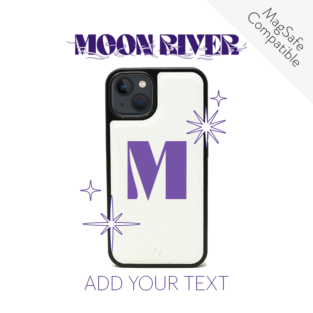 Moon River White iPhone 13 Leather Case made from vegan saffiano leather with a soft rubber rim, showcasing personalization options.