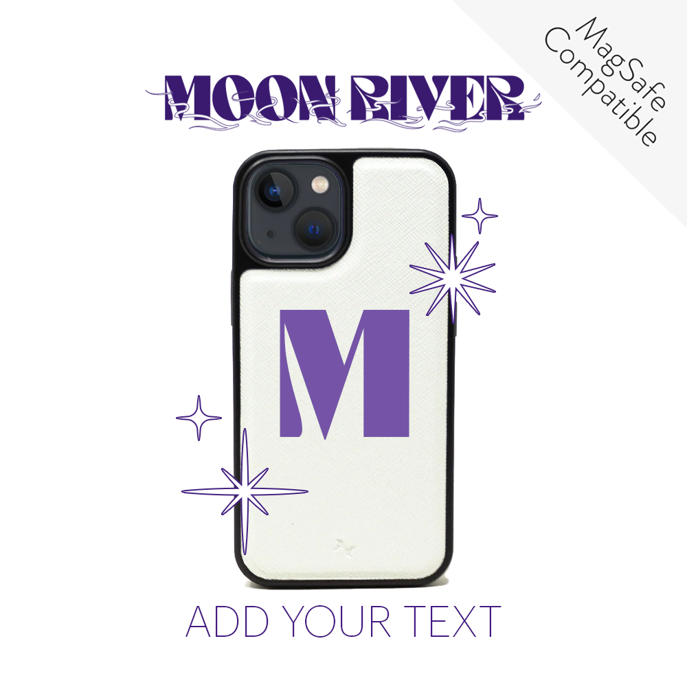 Moon River White iPhone 13 Mini Leather Case made of vegan saffiano leather with a soft rubber rim, showcasing personalization options.