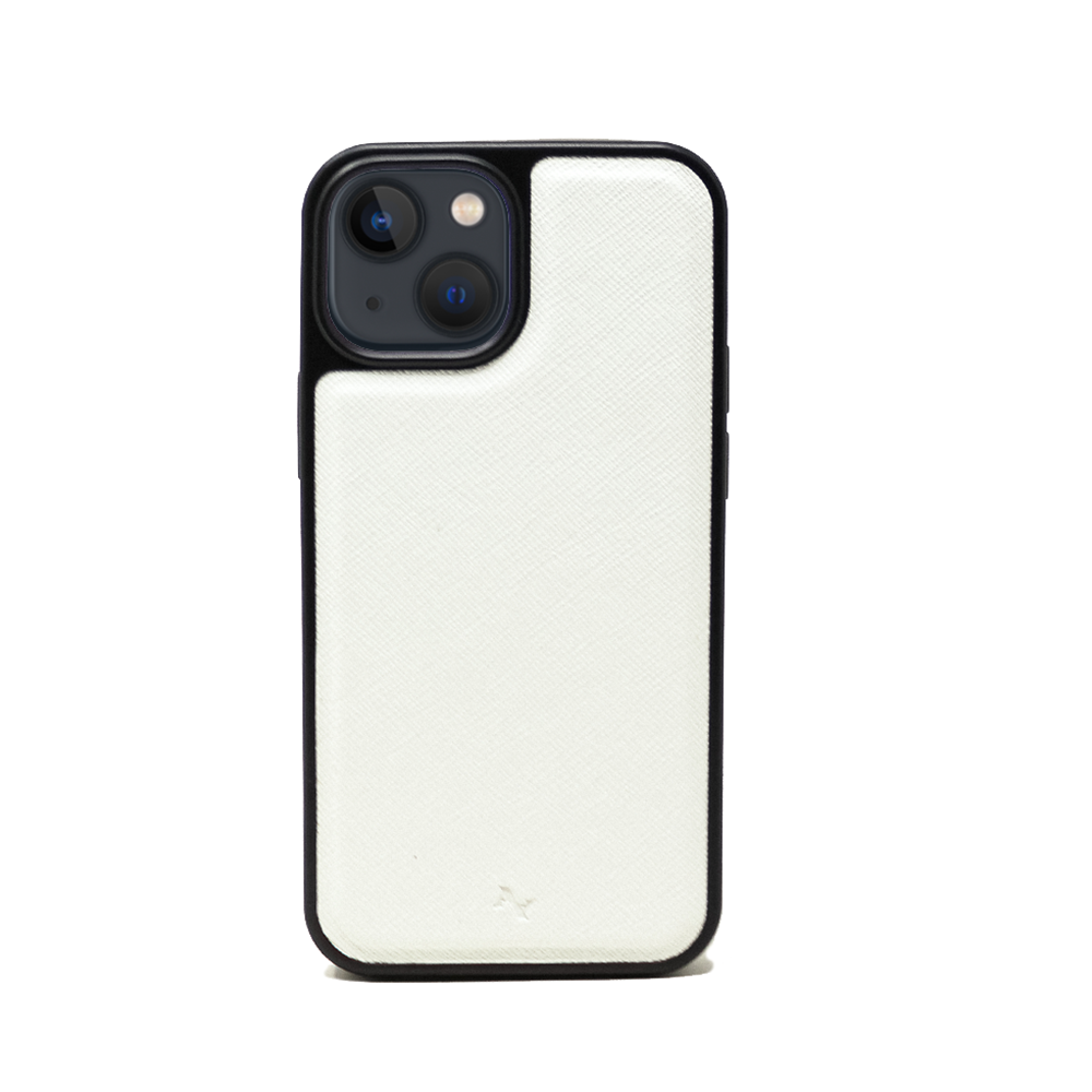 Moon River White iPhone 13 Mini Leather Case made of vegan saffiano leather with a soft rubber rim, showcasing personalization options.