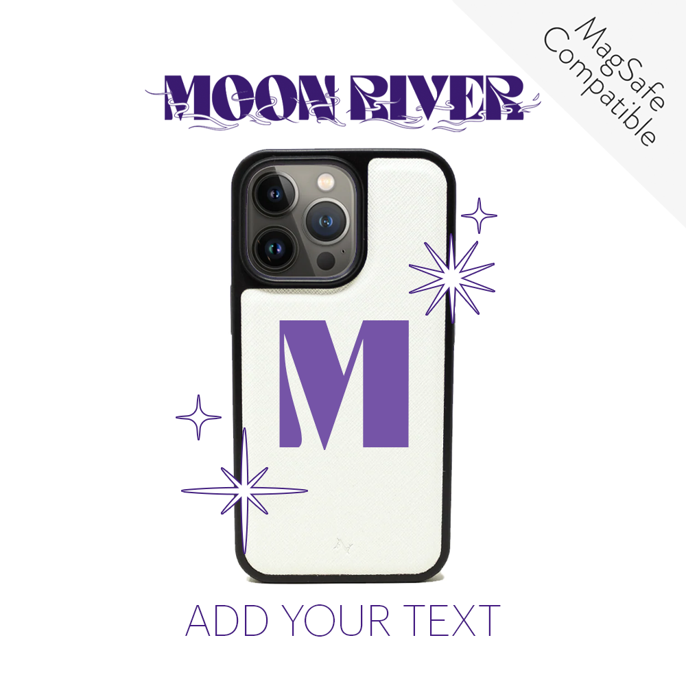 Moon River White iPhone 14 Pro Leather Case made of vegan saffiano leather with a soft rubber rim, showcasing personalization options.