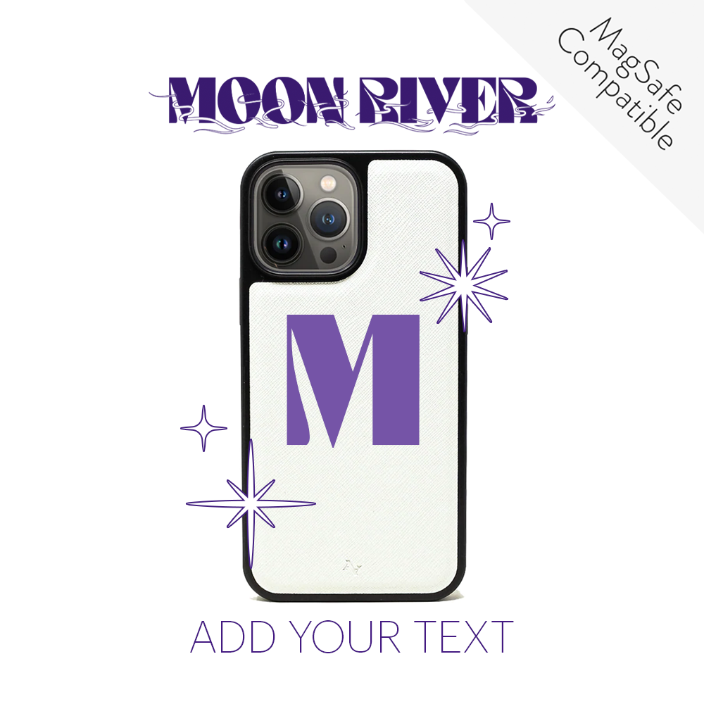 Moon River White iPhone 14 Pro Max Leather Case made of vegan saffiano leather with a soft rubber rim for protection.