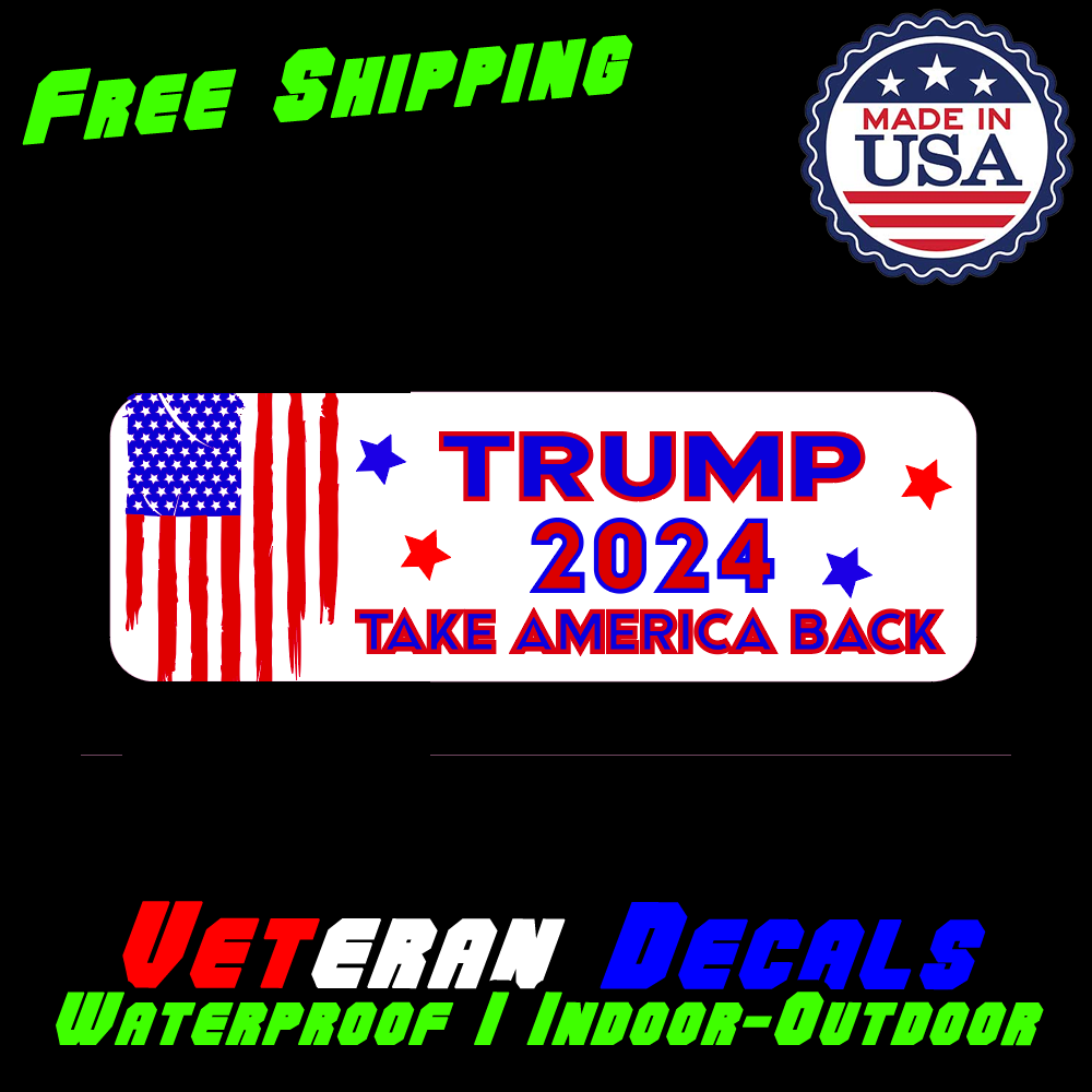 New Trump President Take America Back MAGA 2024 bumper sticker on a car, showcasing vibrant colors and bold text.