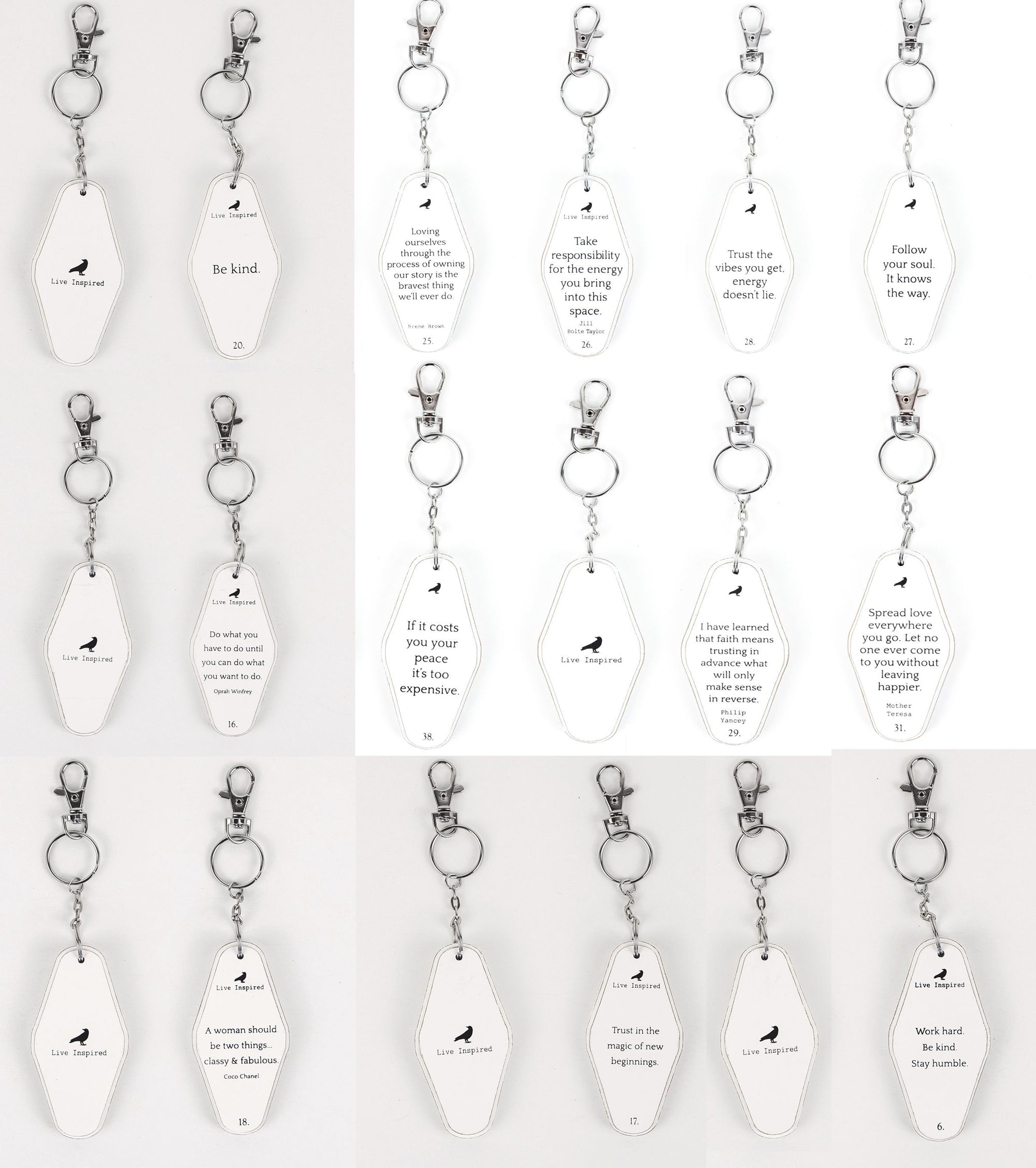 A collection of wooden key chains featuring various inspirational quotes, showcasing their durable design and stylish black and white colors.