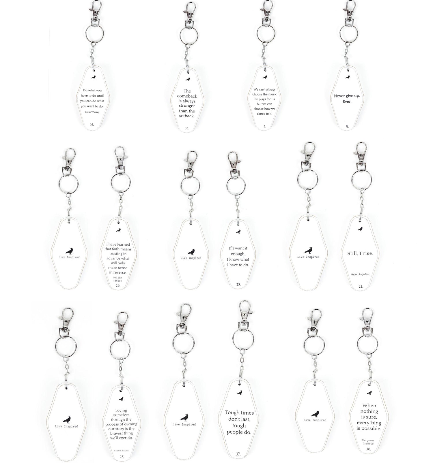 A collection of wooden key chains featuring various inspirational quotes, showcasing their durable design and stylish black and white colors.