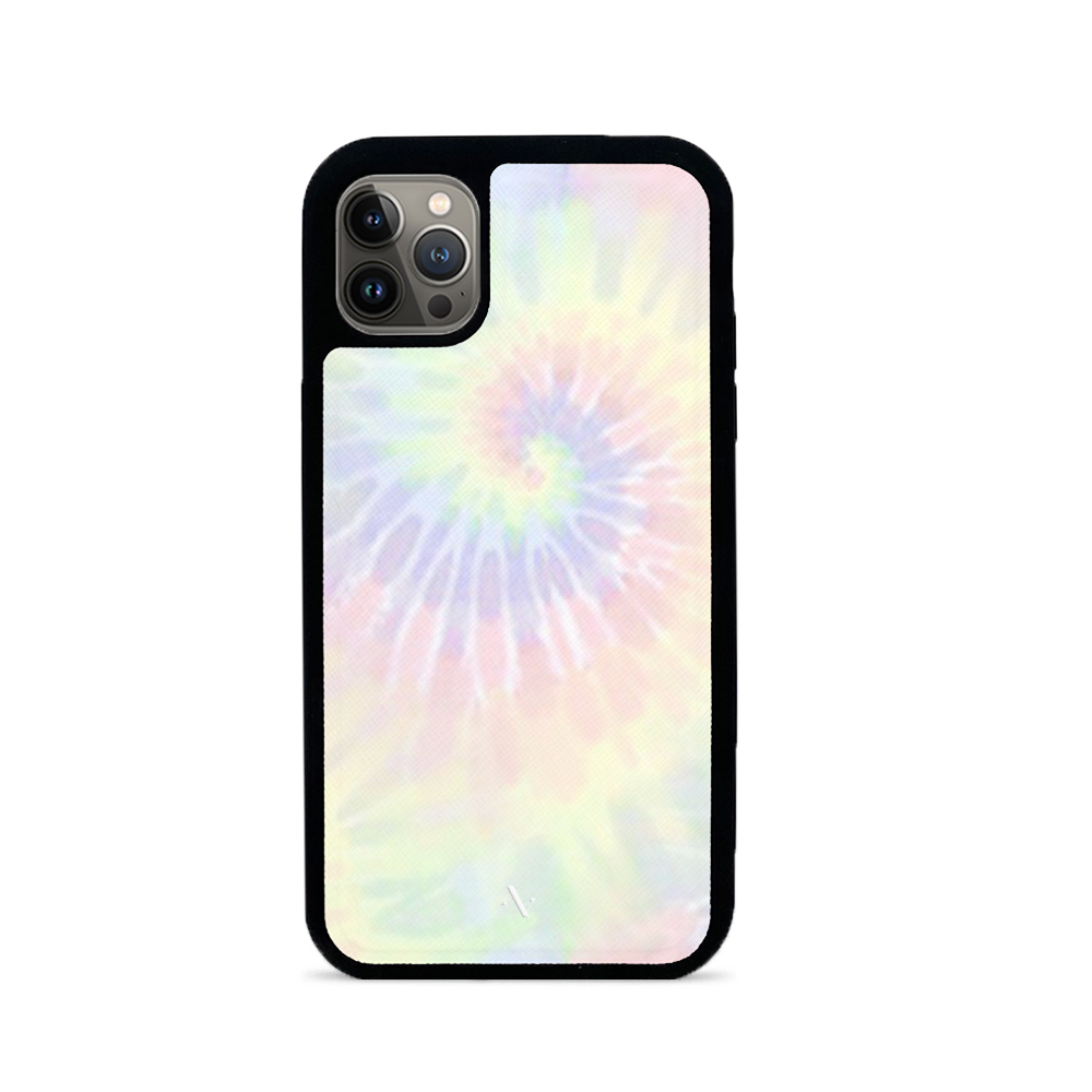 Pastel Tie Dye iPhone 14 Pro Leather Case with vegan saffiano leather and rubber rim, showcasing a colorful tie dye pattern.