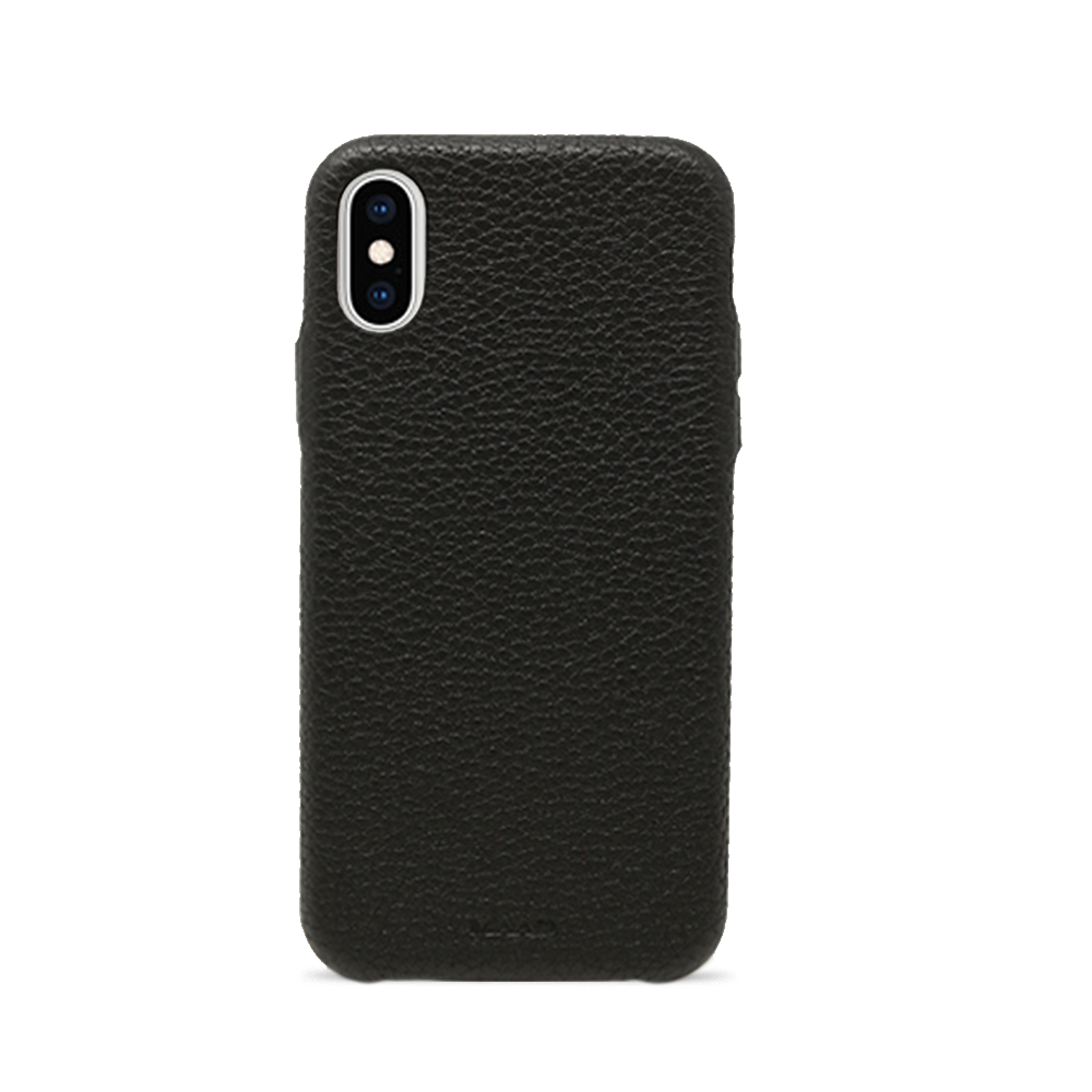 Stylish black pebble leather case for iPhone X/XS, featuring a minimalist design and personalization options.