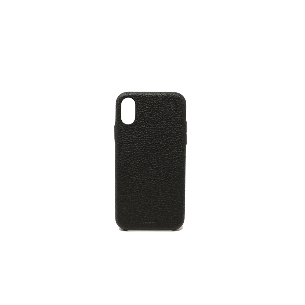 Stylish black pebble leather case for iPhone X/XS, featuring a minimalist design and personalization options.