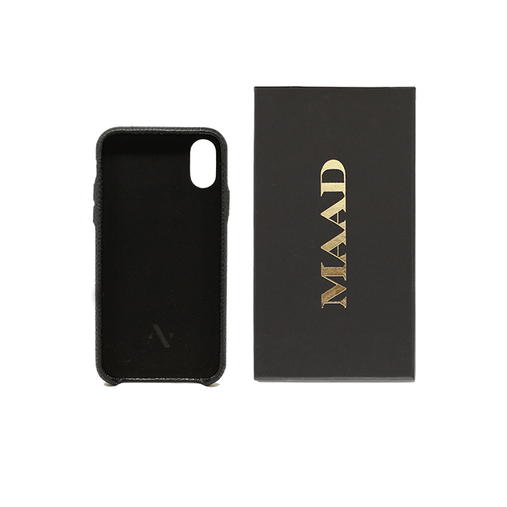 Stylish black pebble leather case for iPhone X/XS, featuring a minimalist design and personalization options.