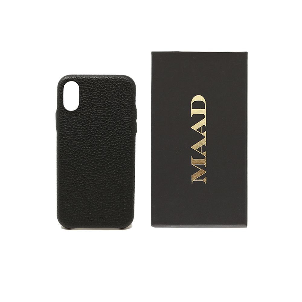 Stylish black pebble leather case for iPhone X/XS, featuring a minimalist design and personalization options.