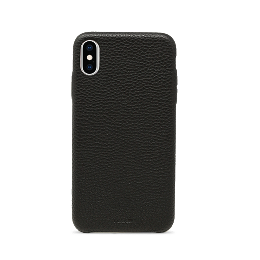 A stylish black iPhone XS MAX case made from genuine pebble leather, showcasing a slim and minimalist design.