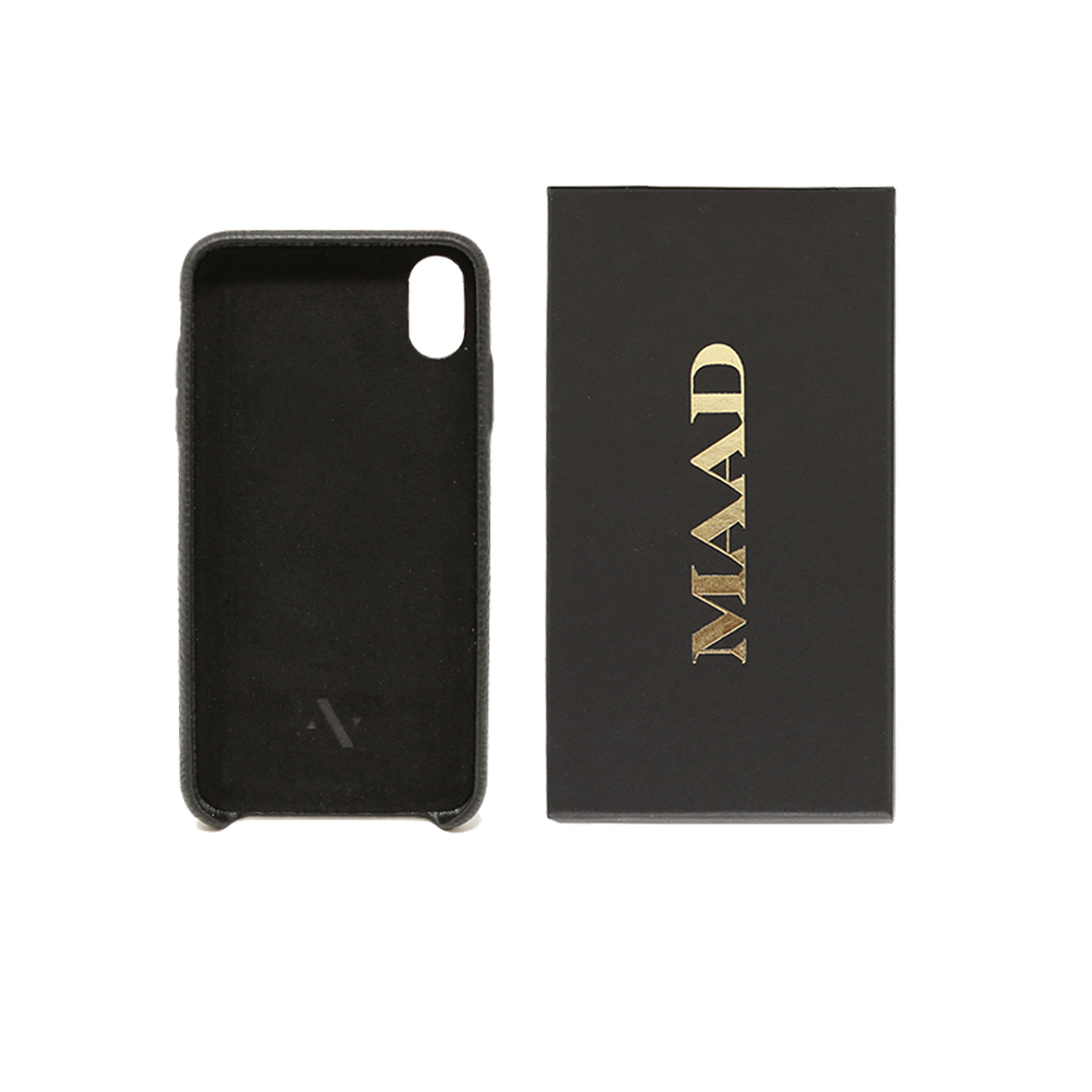 A stylish black iPhone XS MAX case made from genuine pebble leather, showcasing a slim and minimalist design.