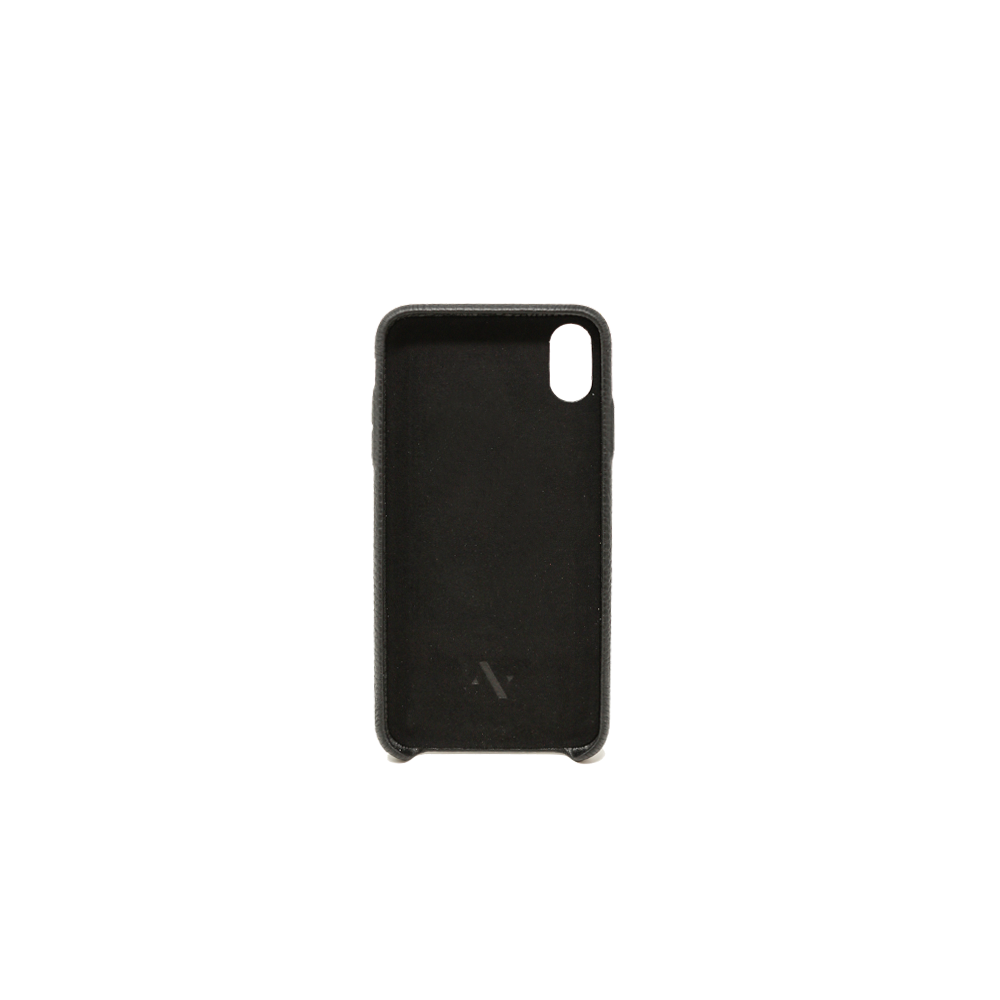 A stylish black iPhone XS MAX case made from genuine pebble leather, showcasing a slim and minimalist design.