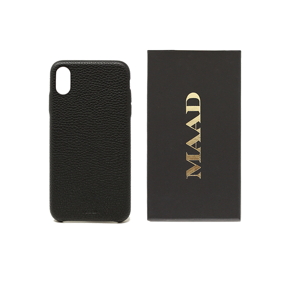 A stylish black iPhone XS MAX case made from genuine pebble leather, showcasing a slim and minimalist design.