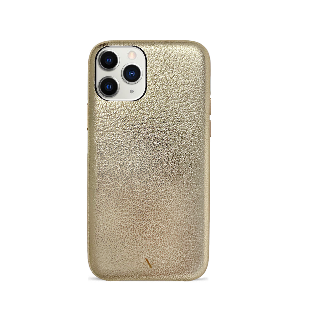 Gold Metallic Pebble Leather iPhone 11 Pro Case showcasing its sleek design and premium texture.