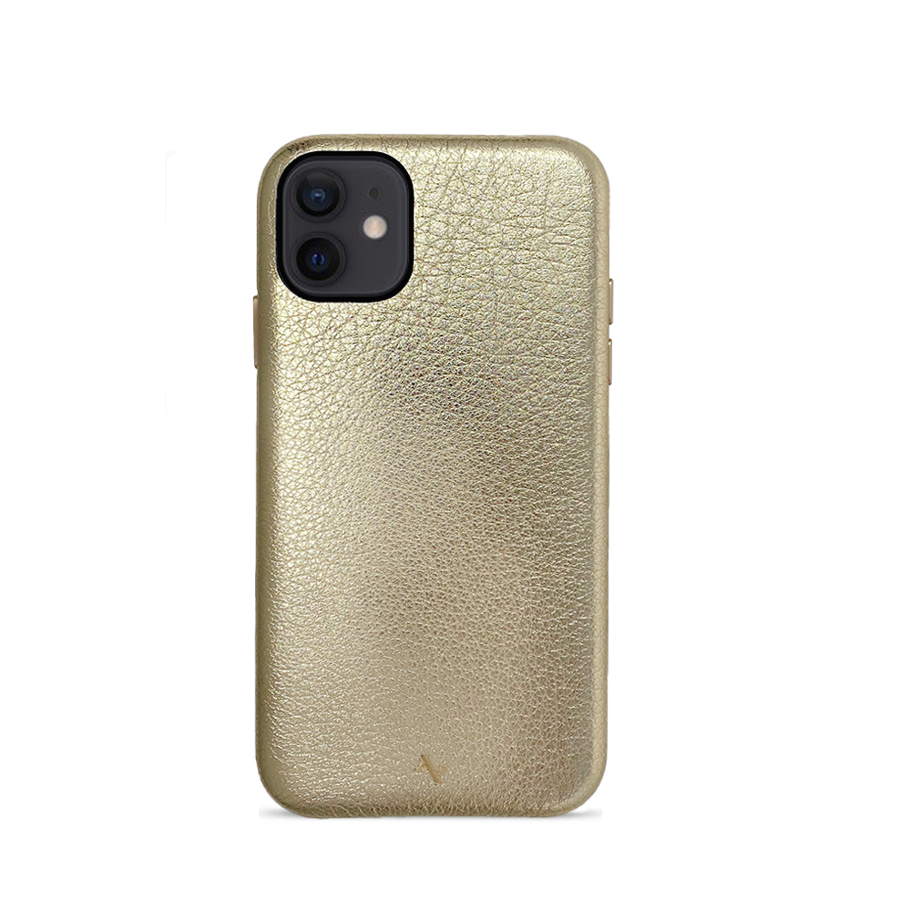 Gold Metallic Pebble Leather Case for iPhone 12 Mini, showcasing its elegant design and genuine leather texture.