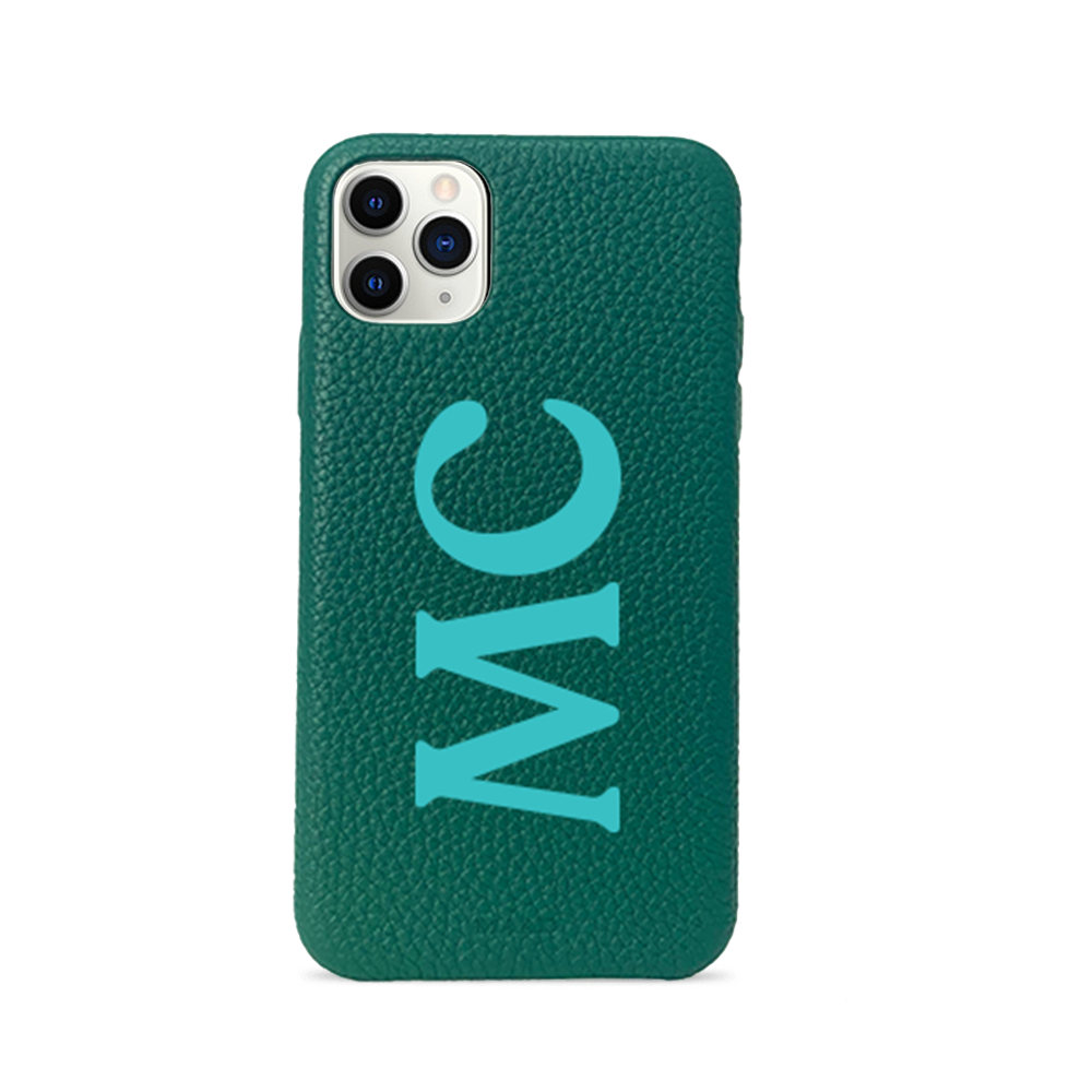 Moss green pebble leather case for iPhone 11 Pro, showcasing its slim design and luxurious texture.