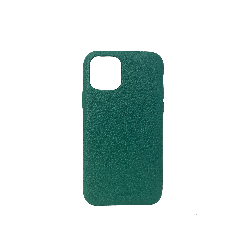 Moss green pebble leather case for iPhone 11 Pro, showcasing its slim design and luxurious texture.