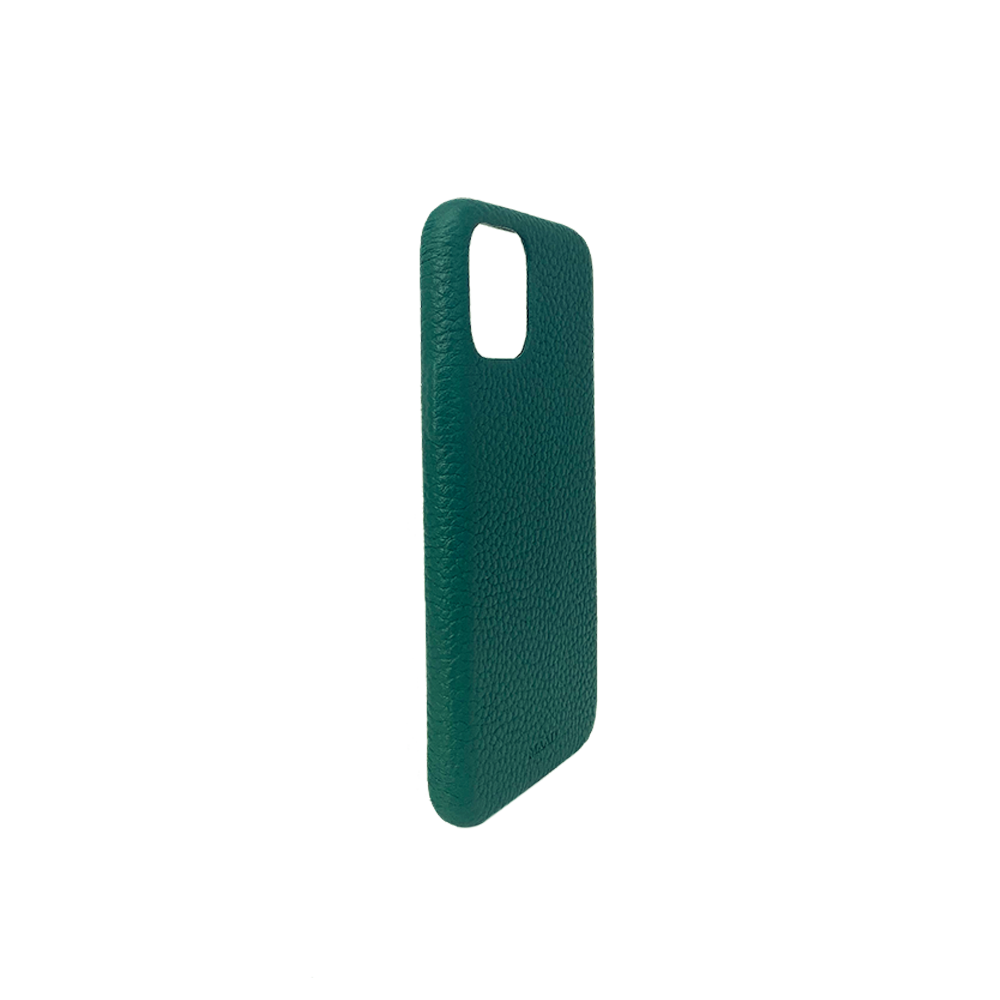 Moss green pebble leather case for iPhone 11 Pro, showcasing its slim design and luxurious texture.