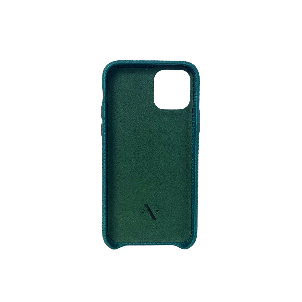 Moss green pebble leather case for iPhone 11 Pro, showcasing its slim design and luxurious texture.