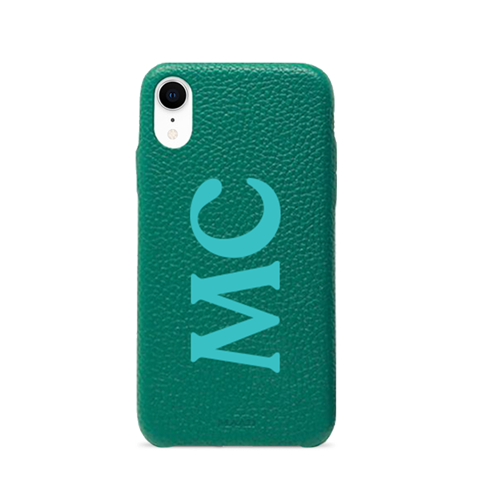 Moss green pebble leather iPhone XR case with a minimalist design, showcasing its luxurious texture and personalization options.