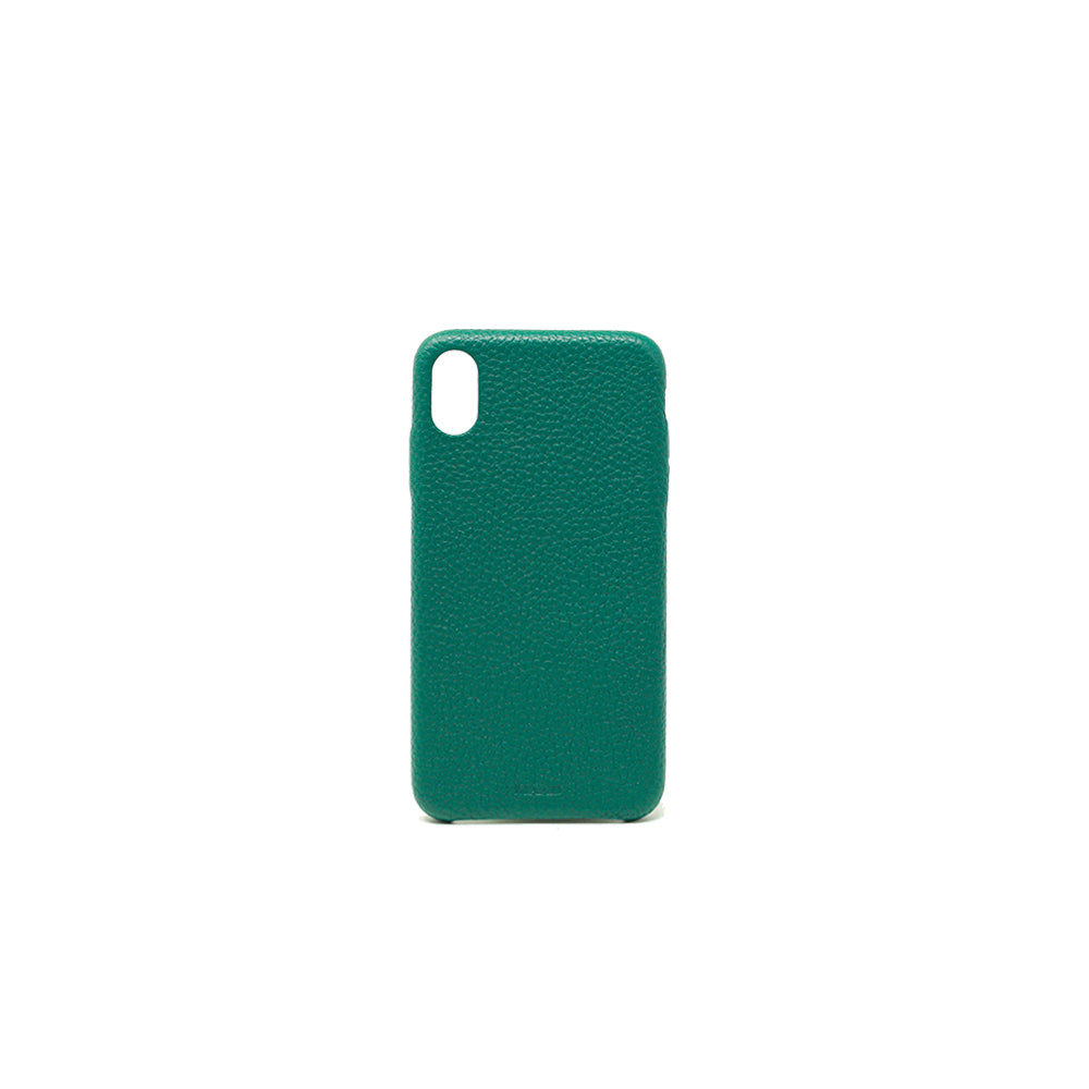 Moss green pebble leather iPhone XR case with a minimalist design, showcasing its luxurious texture and personalization options.