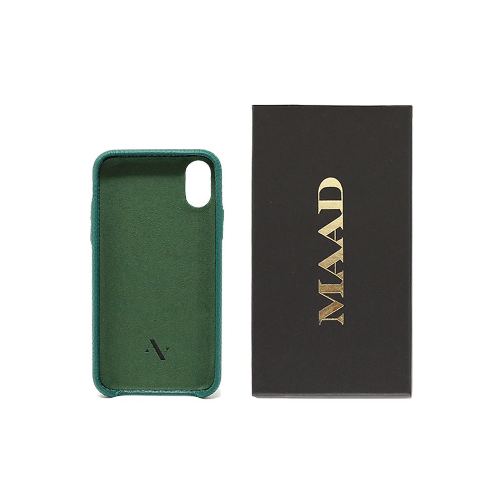 Moss green pebble leather iPhone XR case with a minimalist design, showcasing its luxurious texture and personalization options.