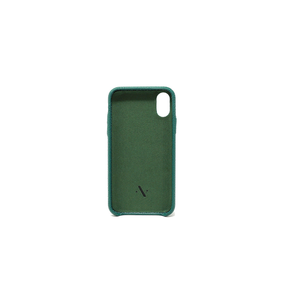 Moss green pebble leather iPhone XR case with a minimalist design, showcasing its luxurious texture and personalization options.