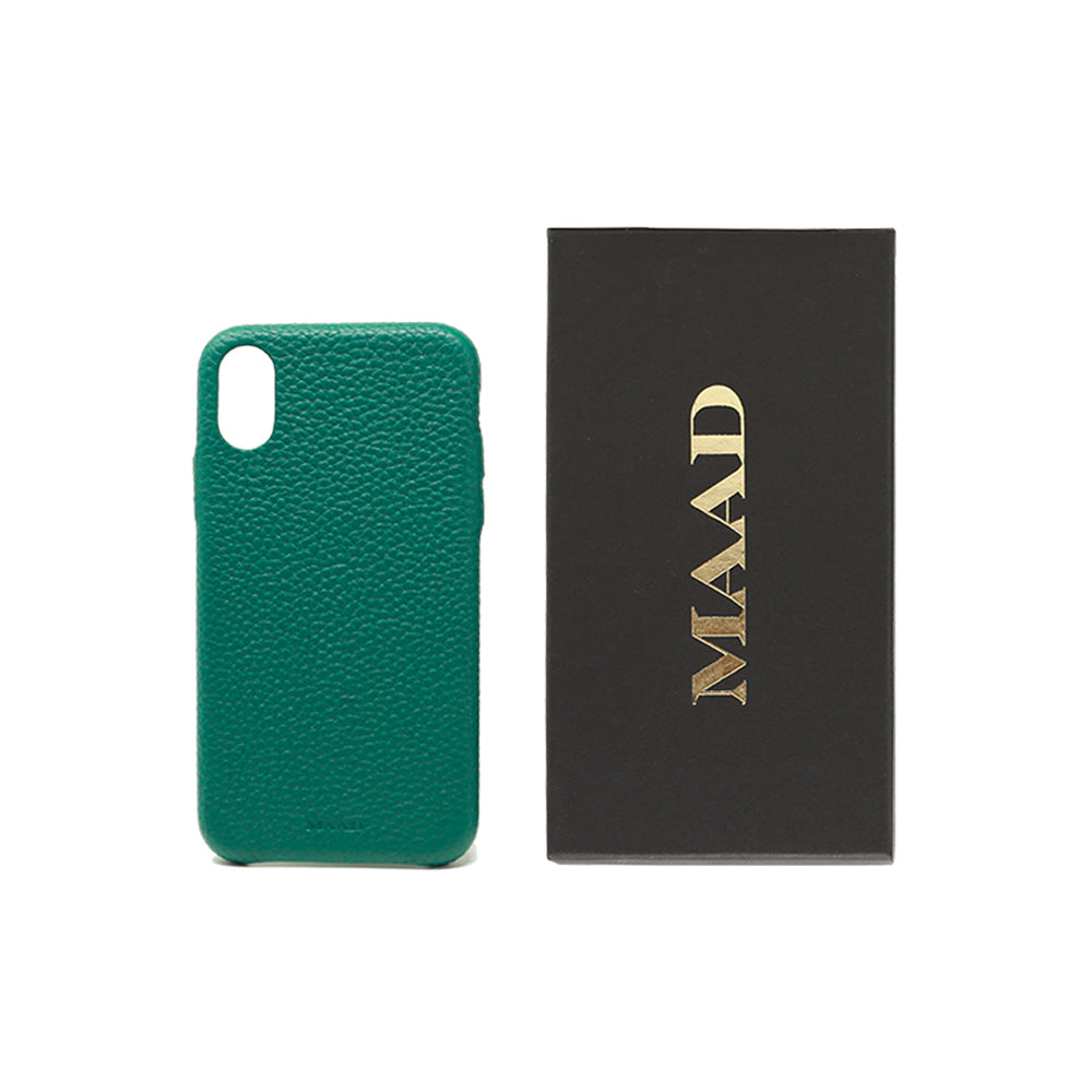 Moss green pebble leather iPhone XR case with a minimalist design, showcasing its luxurious texture and personalization options.