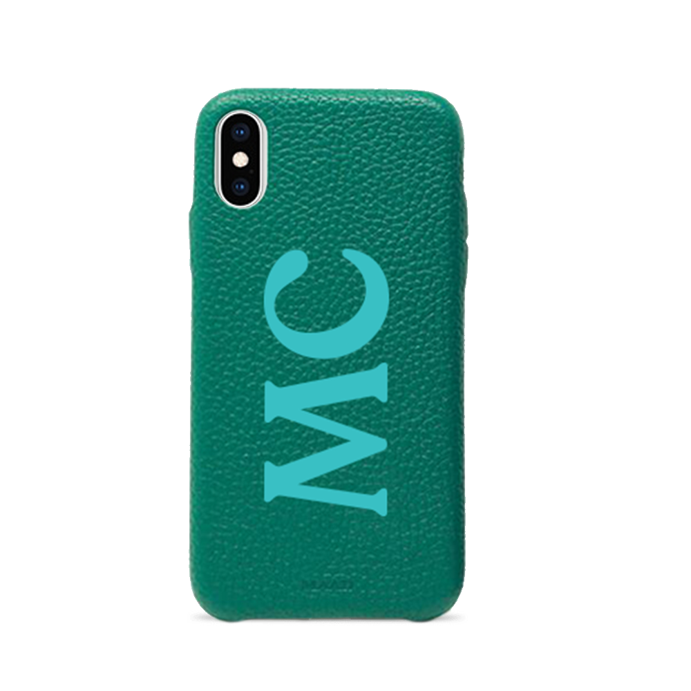 Moss green pebble leather case for iPhone X/XS, showcasing a minimalist design and personalized monogram options.