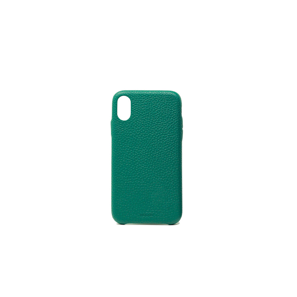 Moss green pebble leather case for iPhone X/XS, showcasing a minimalist design and personalized monogram options.