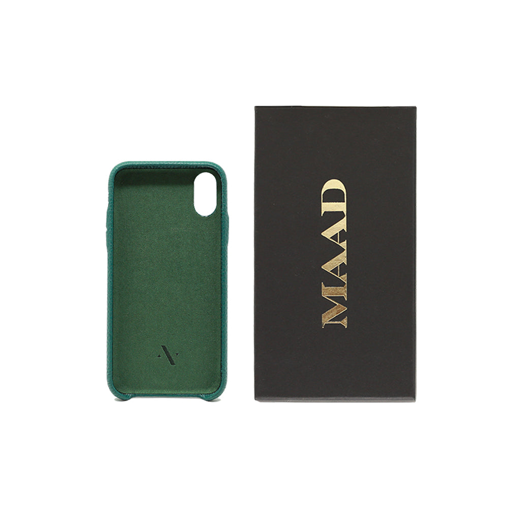 Moss green pebble leather case for iPhone X/XS, showcasing a minimalist design and personalized monogram options.