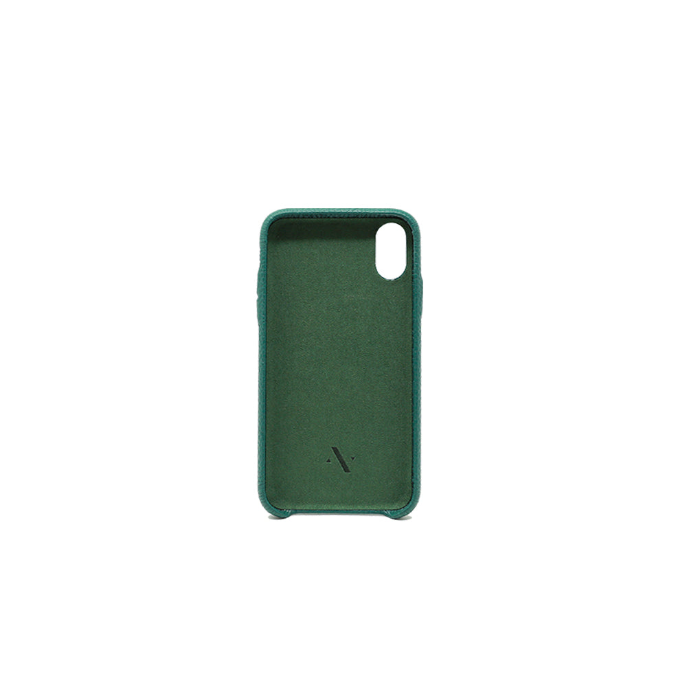 Moss green pebble leather case for iPhone X/XS, showcasing a minimalist design and personalized monogram options.